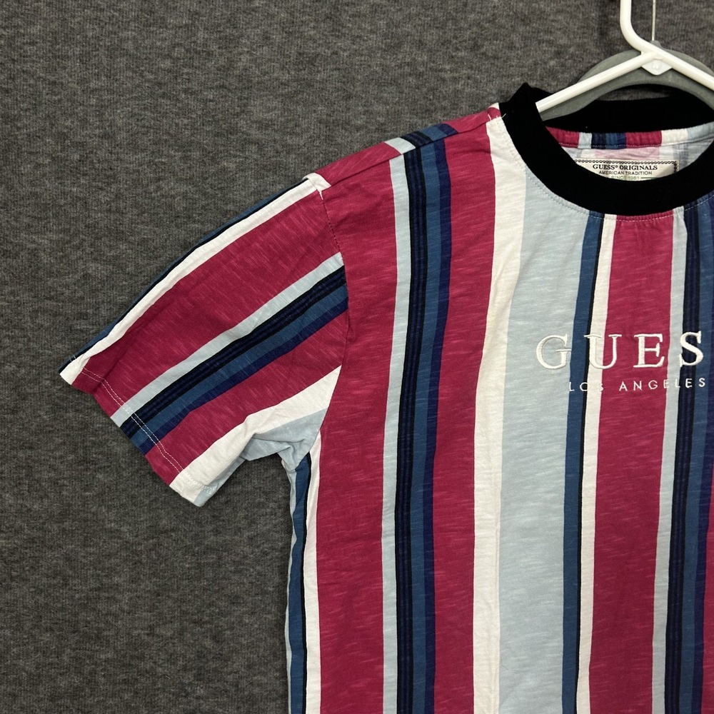 VTG 90 Guess Vertical Striped Embroidered Spellout Short Sleeve Shirt Size Small - Picture 2 of 14